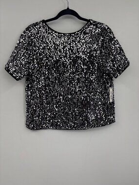 3rd & Malt Sequin Velvet Short Sleeve Blouse Top Black Size Large NEW